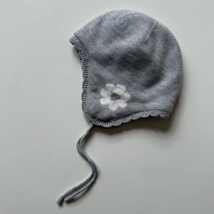 Jacadi Baby Girl Grey Bonnet Hat with White Flower & Silver Heart - Size 12M